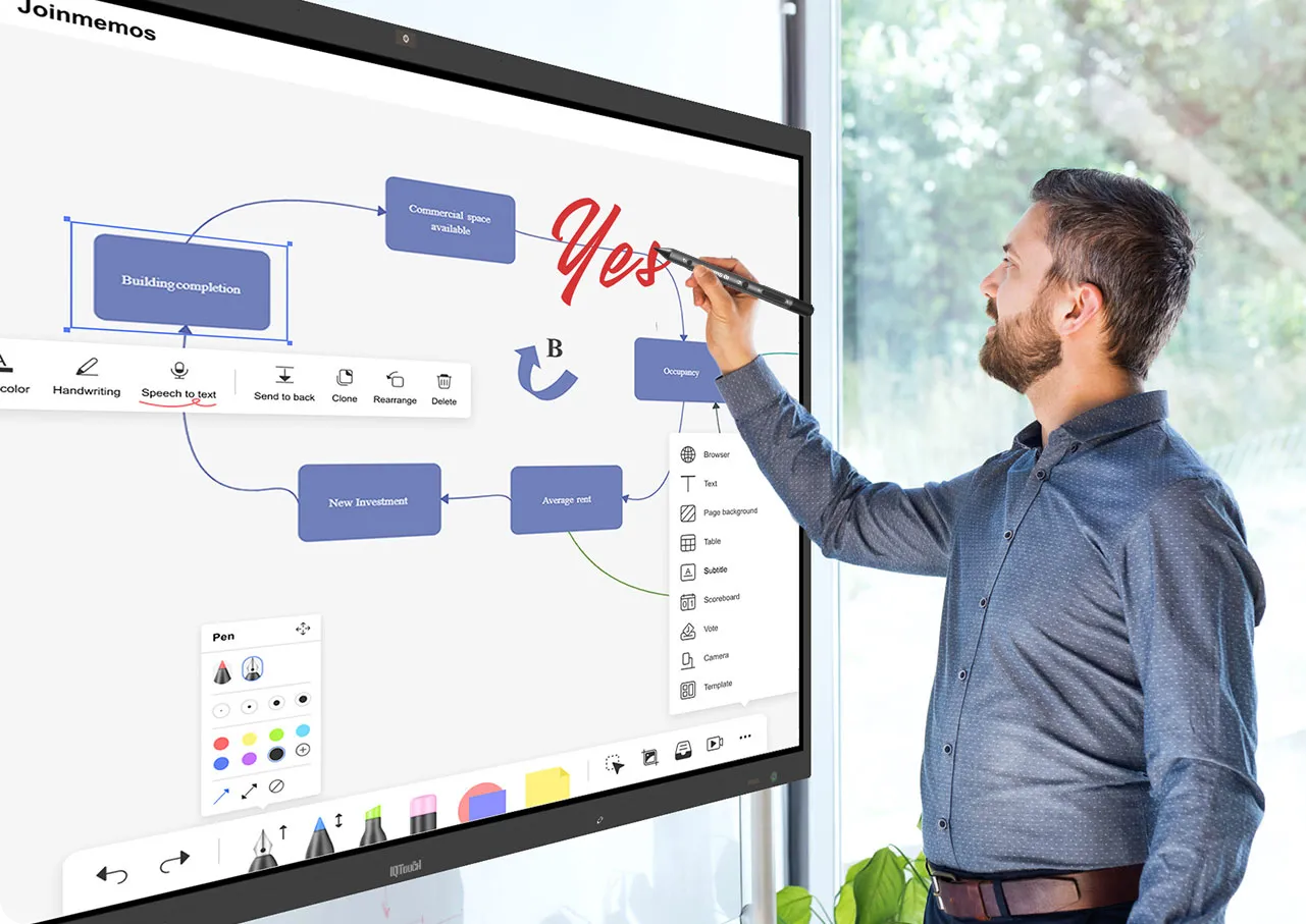 a teacher is writing freely on the interactive business software IQ JoinMemos